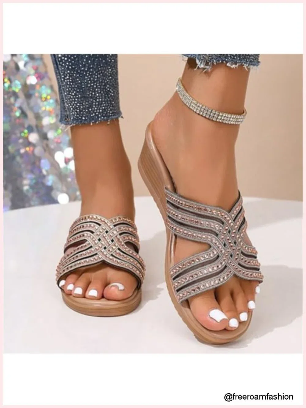 Criss Cross Low Wedge Sandals Dressy Rhinestone Platform Slides Breathable